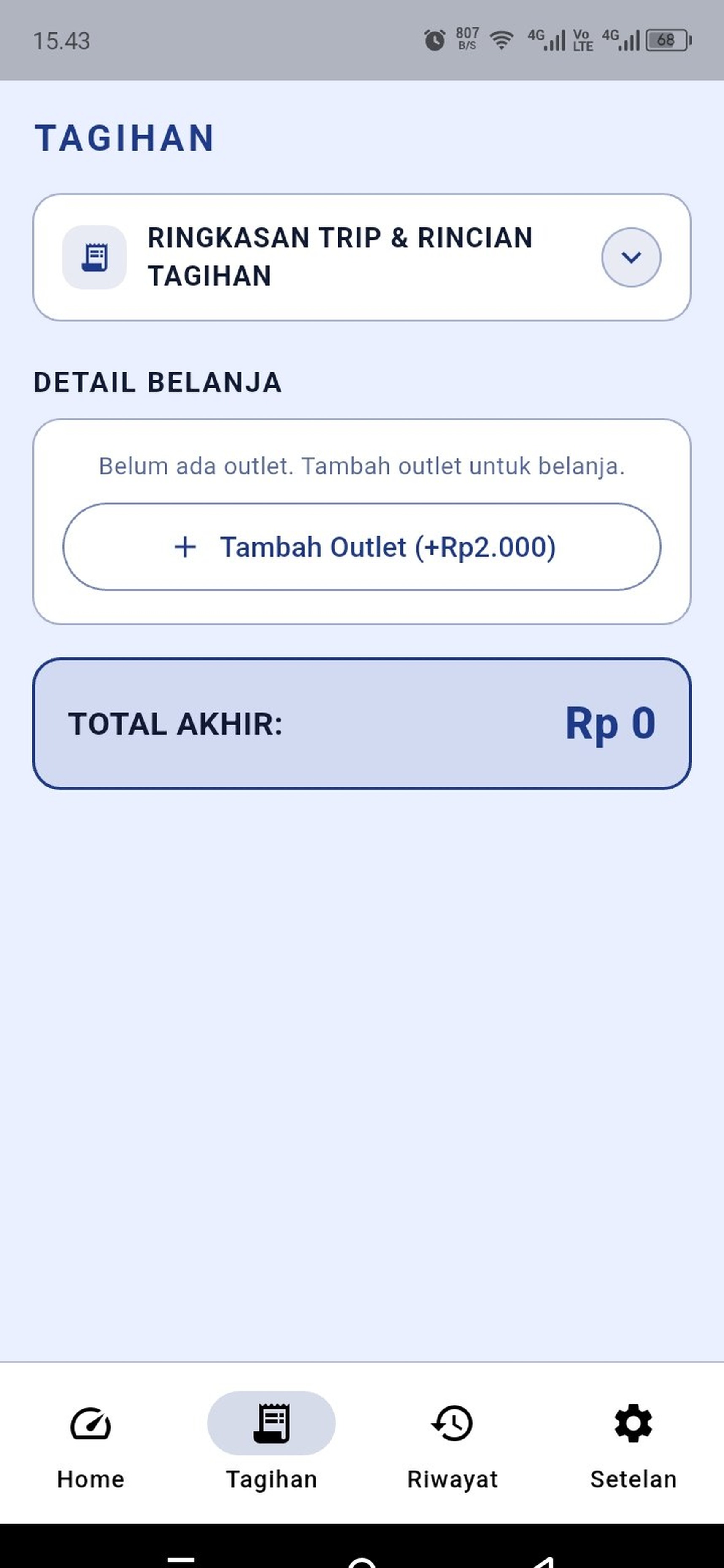 Halaman tagihan ArgoGPS — ringkasan trip dan rincian tagihan